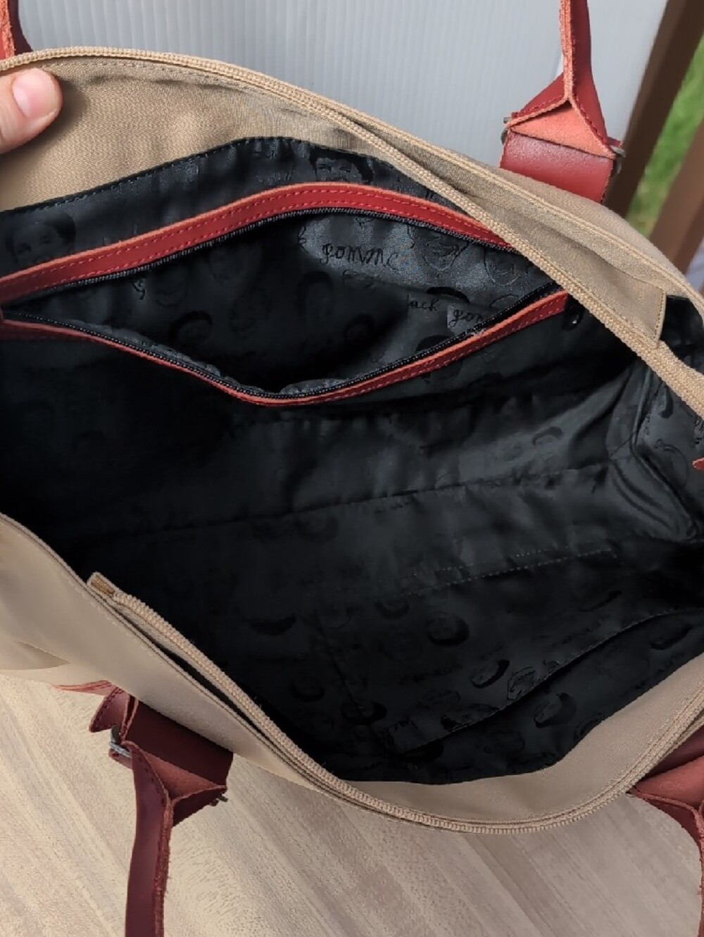Jack Gomme Canvas Tote with Burgundy Trim and Straps - Picture 4 of 12